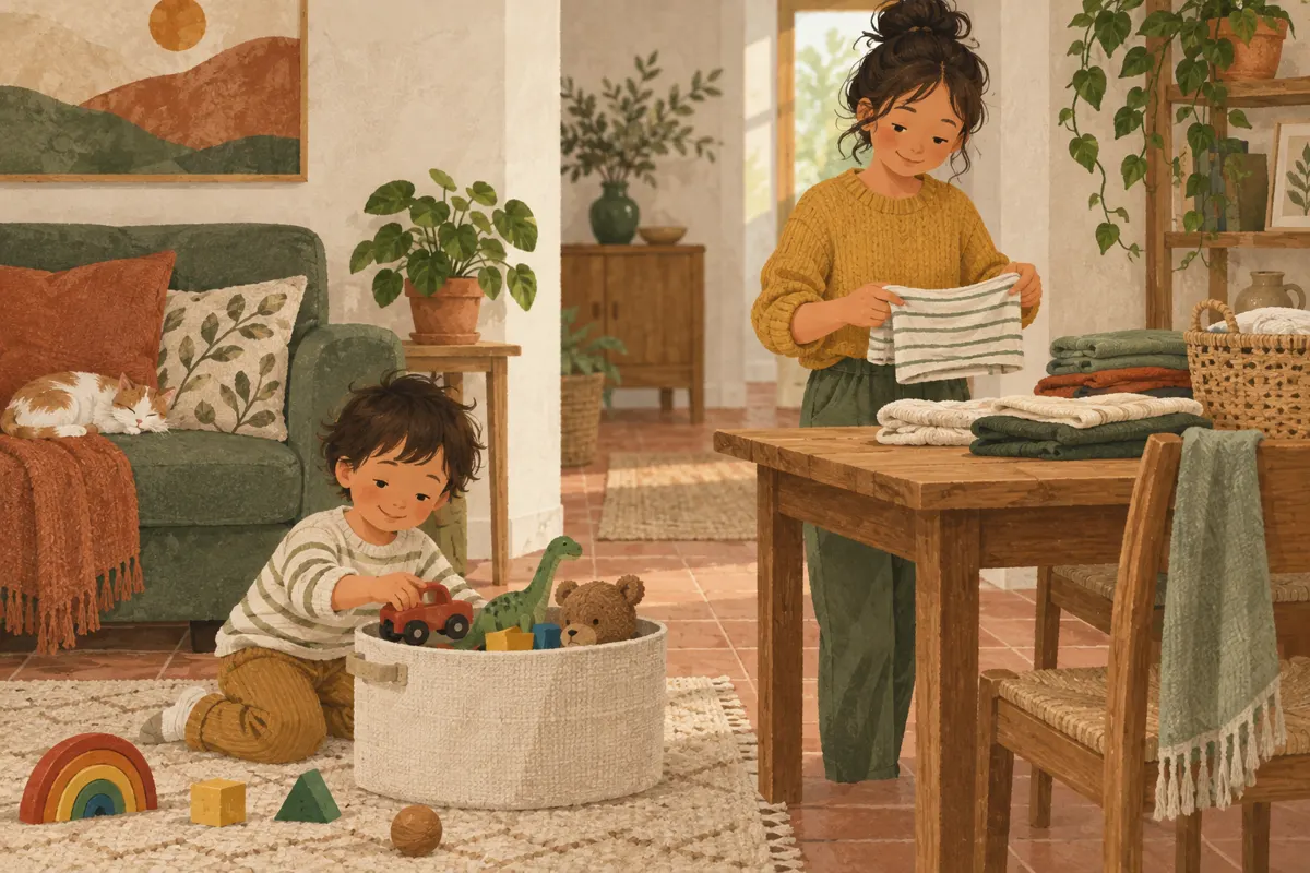 Ilustracja rodzeństwa odkładającego zabawki i składającego ubrania w domu.
