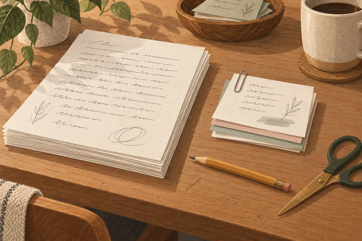 Ilustracja kartek przygotowanych do ponownego wykorzystania na notatki, z klipsem, ołówkiem i nożyczkami.