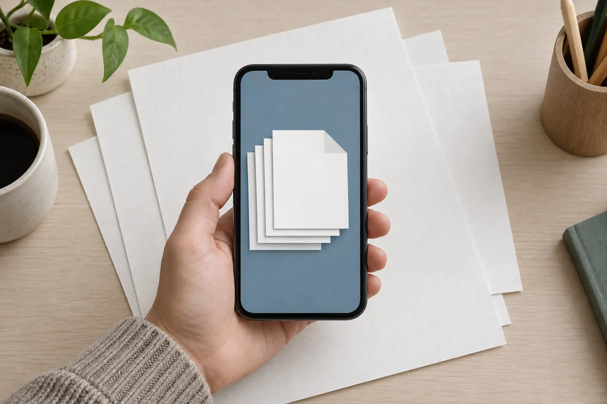 Ilustracja telefonu skanującego kilka kartek do jednego dokumentu PDF.